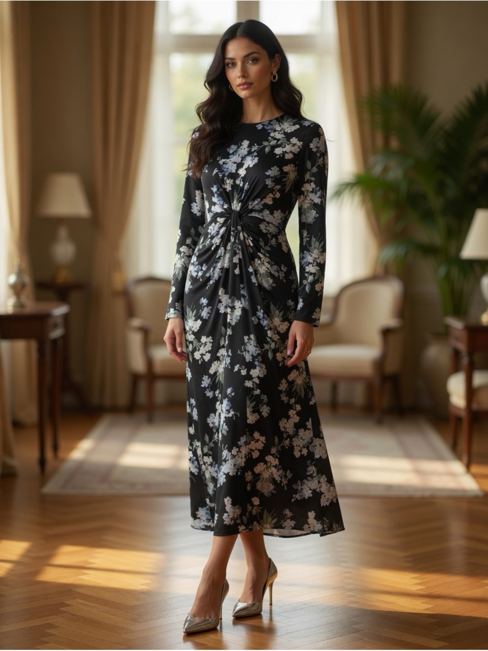 H&M XS Black Floral Twist-Front Long Sleeve Dress